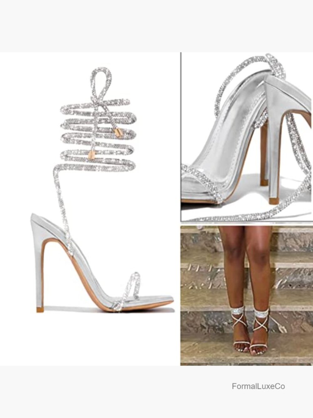 Lace Up Glitter High Heel Sandals Square Toe Ankle Strap Dress Sandals Sparkly - Picture 3 of 5